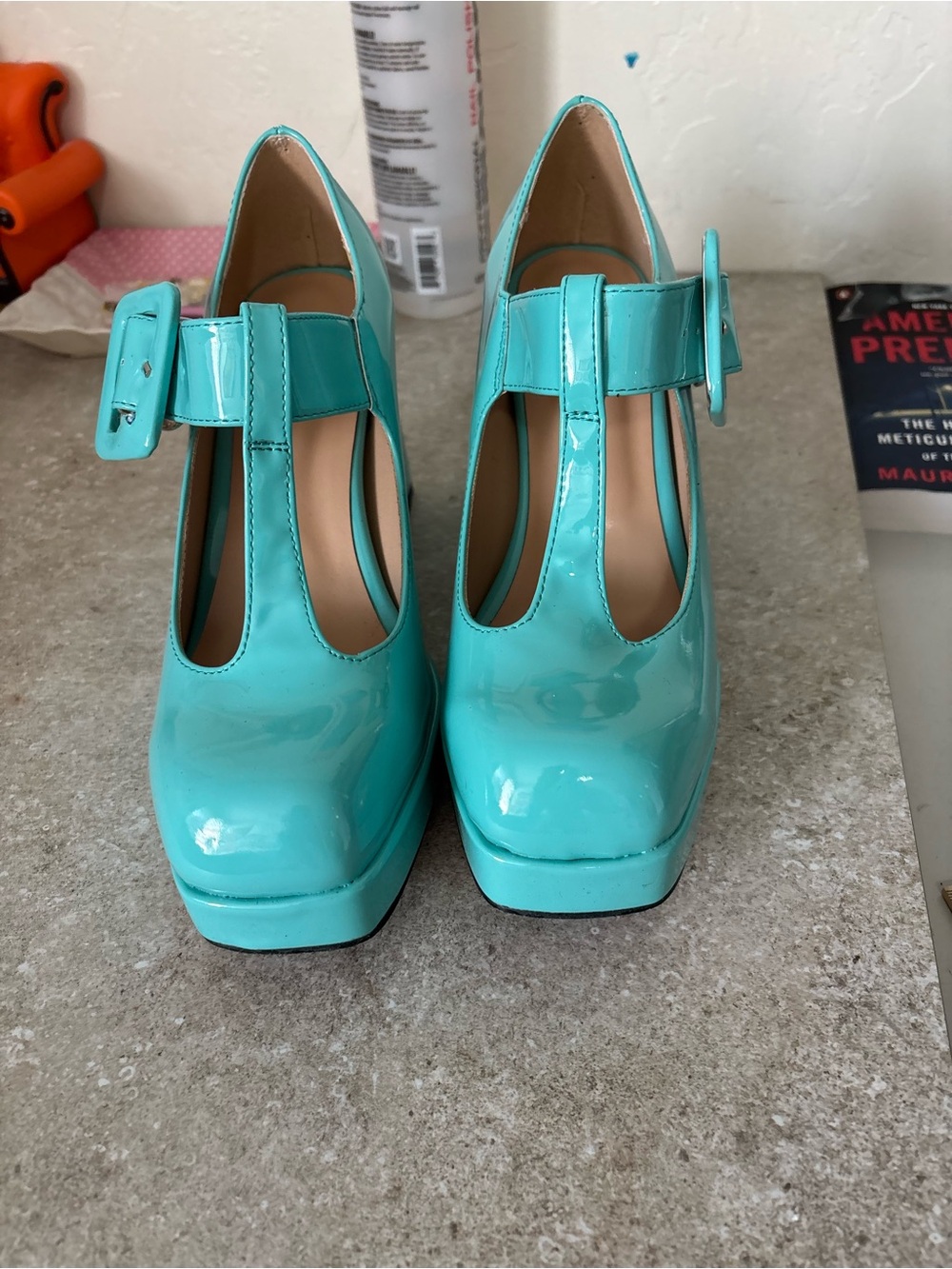 Patent T-Strap Platform Pumps in Aqua/Teal